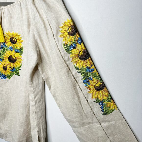 Needlepoint Yellow Sunflower Peasant Blouse Womens 46/XL Drawstring Neckline - Picture 6 of 12